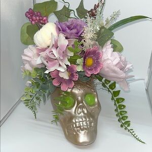 Metallic Skull Vase with Purple Mixed Blooms - Floral - Custom - Hand Made